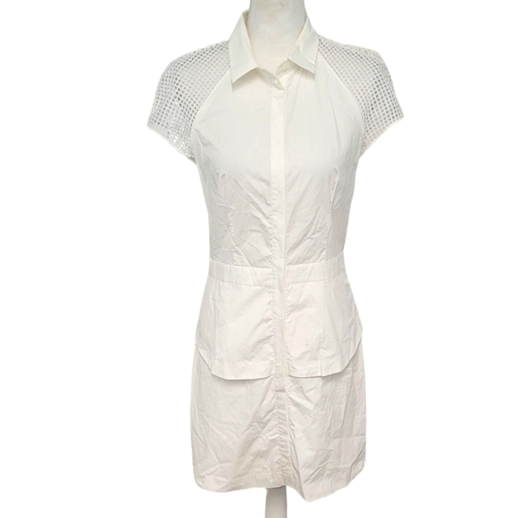 A|X Armani Exchange | White Poplin 3/4 Button Shirt Dress Mesh Shoulder | Size 6 - Picture 2 of 4